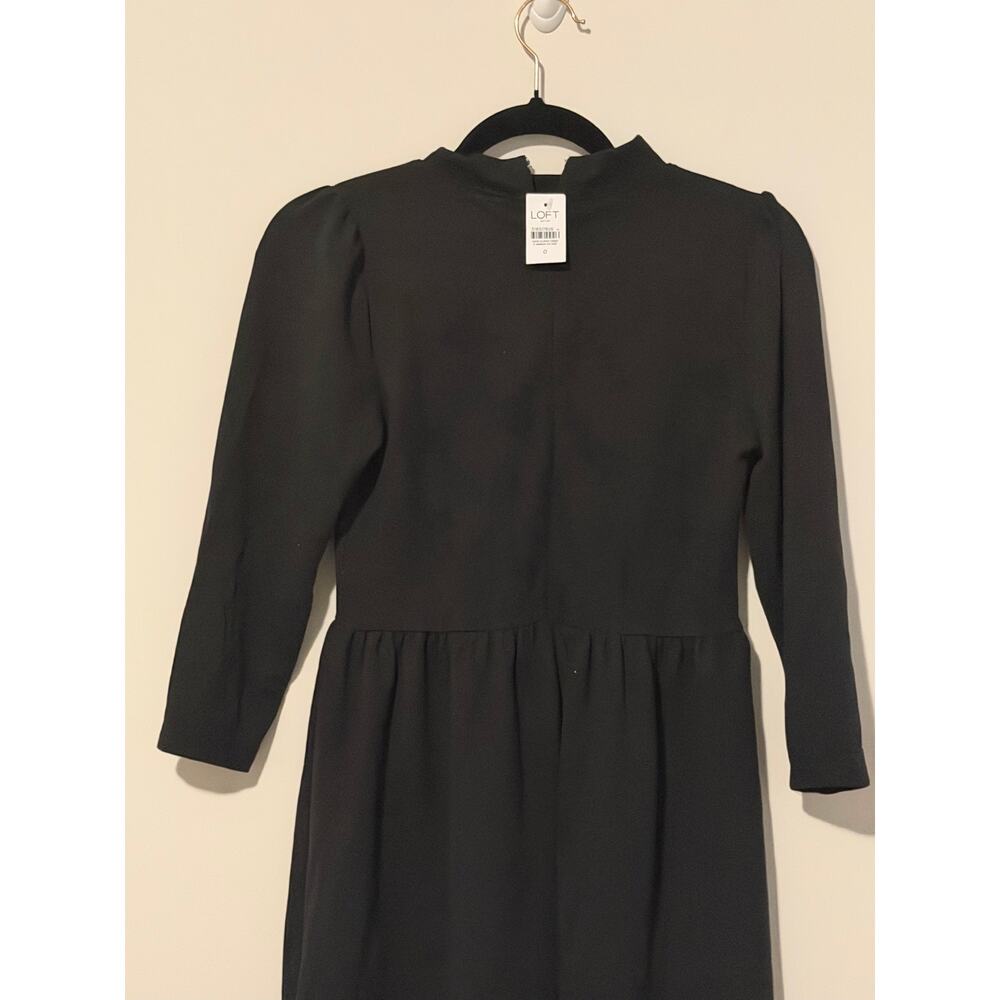 LOFT Black Puff Sleeve Mini Dress Crew Neck Gathered Waist Size 0 New - Picture 4 of 6